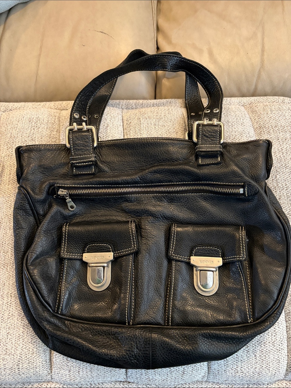 Roots Black Leather Messenger Bag with Front Buckle Pockets